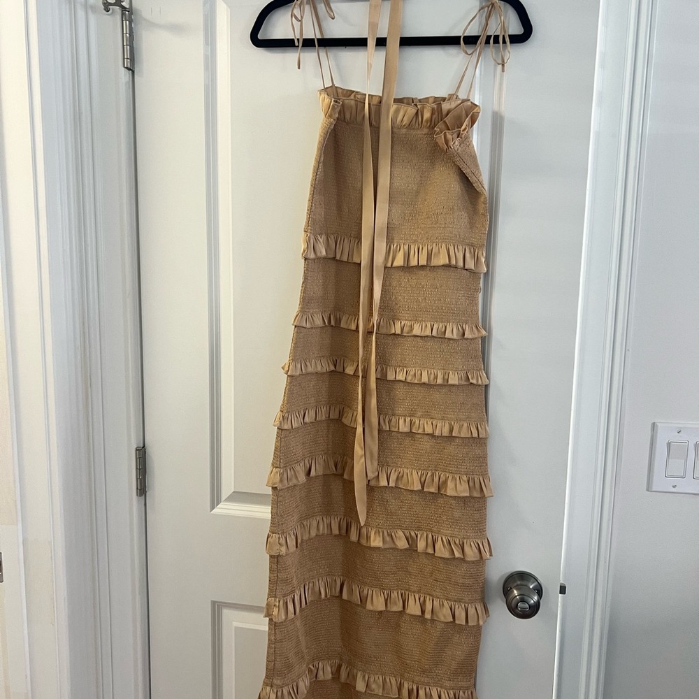 V. Chapman Tan Ruffle Midi Dress
